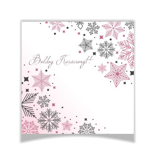 12 darabos karácsonyi ajándékkártya hópelyhekkel pink színállásban, 4 különböző grafika